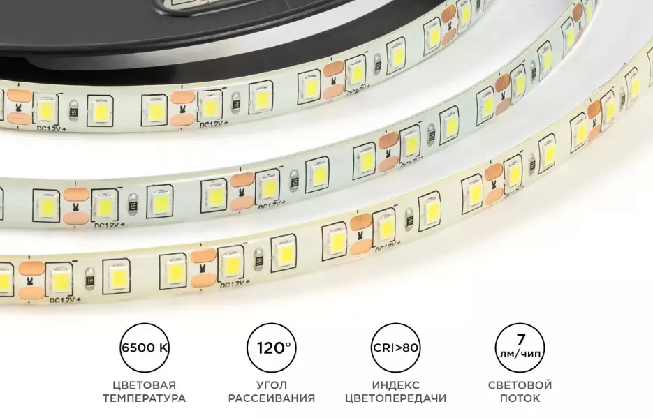 Светодиодная лента 12В 9,6Вт/м 840Лм/м 6500К 5м 8мм CRI&gt;80 SMD2835 120шт/м IP65 OGM LSE-261