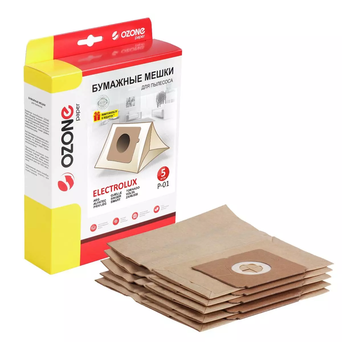 Мешки-пылесборники Ozone P-01 бумажные для пылесоса 5шт+микрофильтр