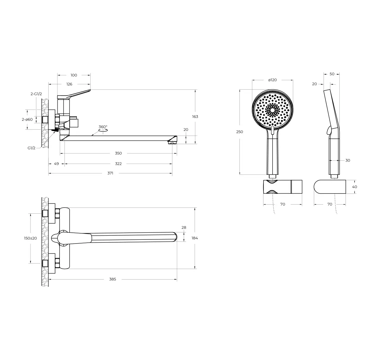 Смеситель для ванны и душа, длинный излив 37 см, хром BelBagno UNIQUE-VASM-L-CRM с ручным душем, шл