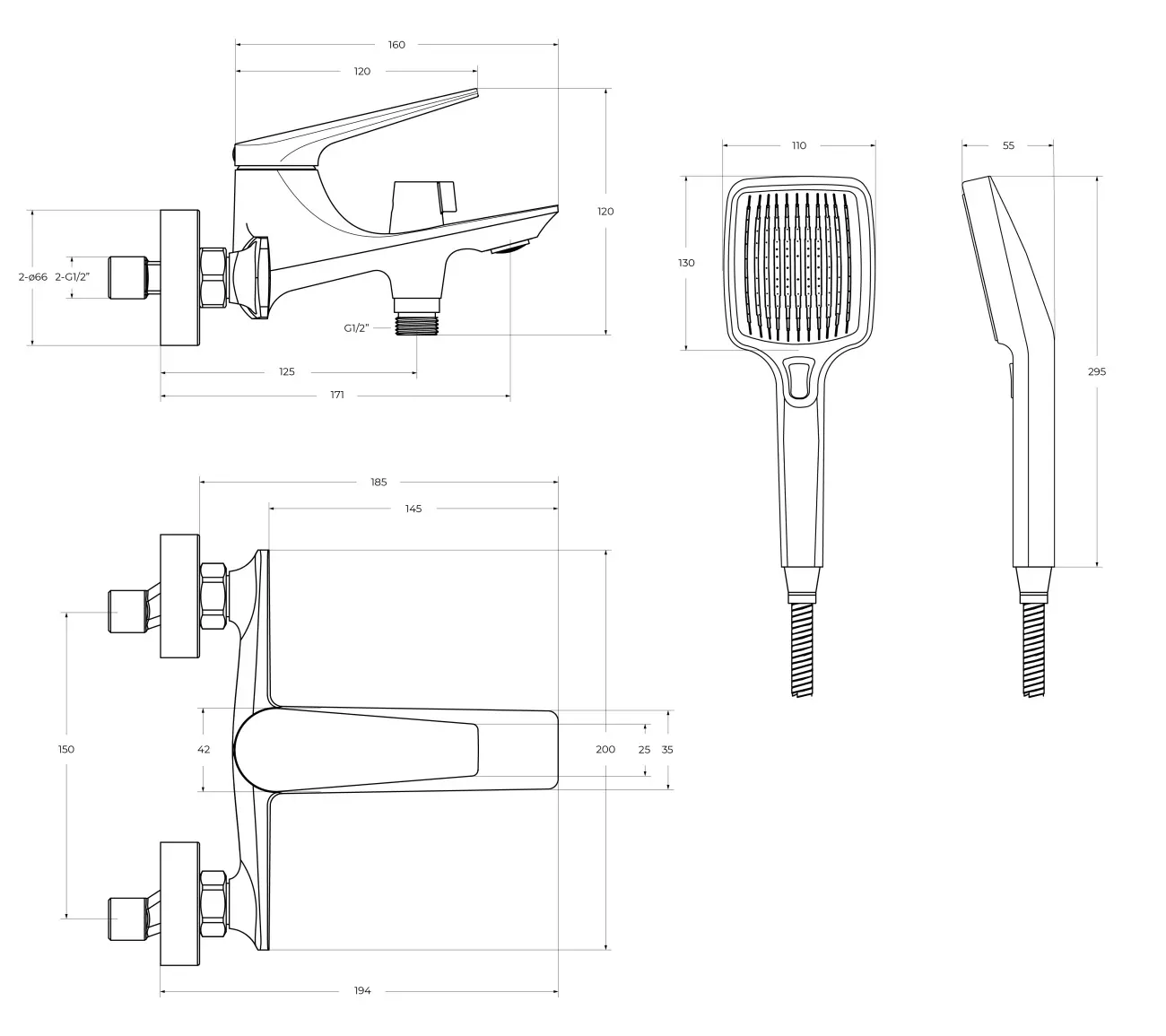 Смеситель для ванны и душа, хром CEZARES LINER-VD-01 с ручным душем, шлангом и держателем