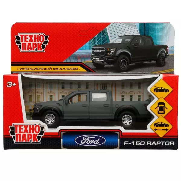 Машина металл FORD F150 RAPTOR SOFT 12 см, двери, багаж, инерц, серый, кор. Технопарк 336376