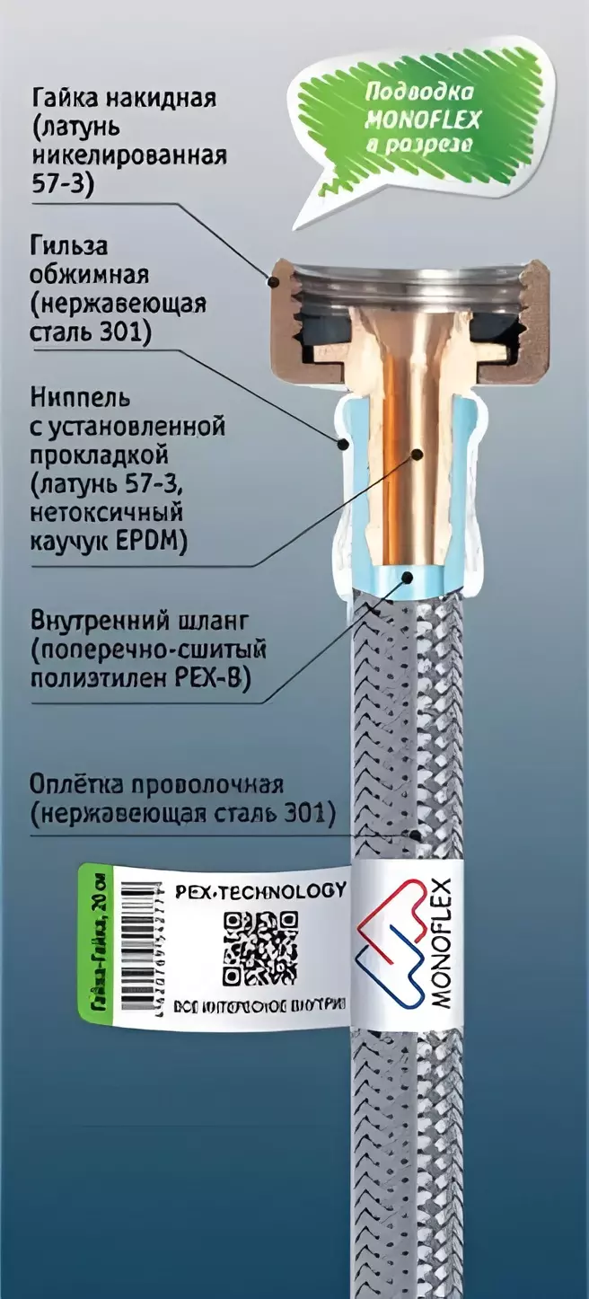 Гибкая подводка для воды 1/2" ВР, 0.5 м, Premium Monoflex Н01520