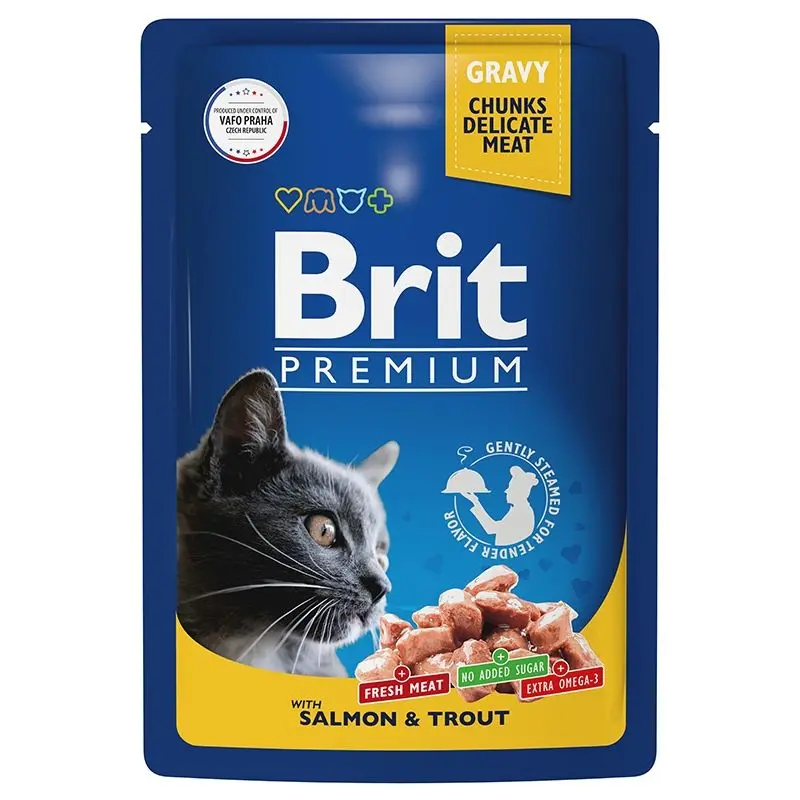 Влажный корм для кошек Лосось и форель в соусе, 85 г Brit Premium