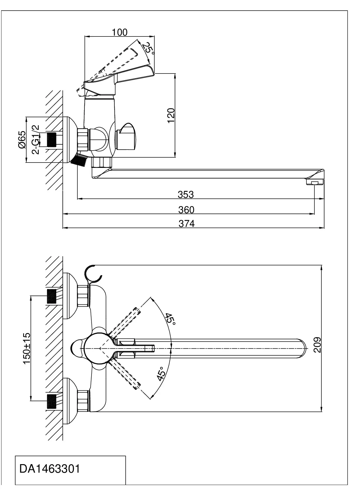 Смеситель для ванны, длинный излив 35 см, хром, D&K DA1463301, латунь