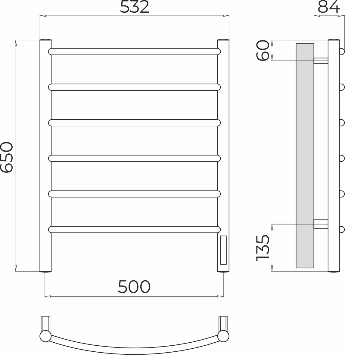 Полотенцесушитель электрический Лесенка 500х650 мм 95 Вт хром 6П TERMINUS Классик 4670078531322 диммер справа
