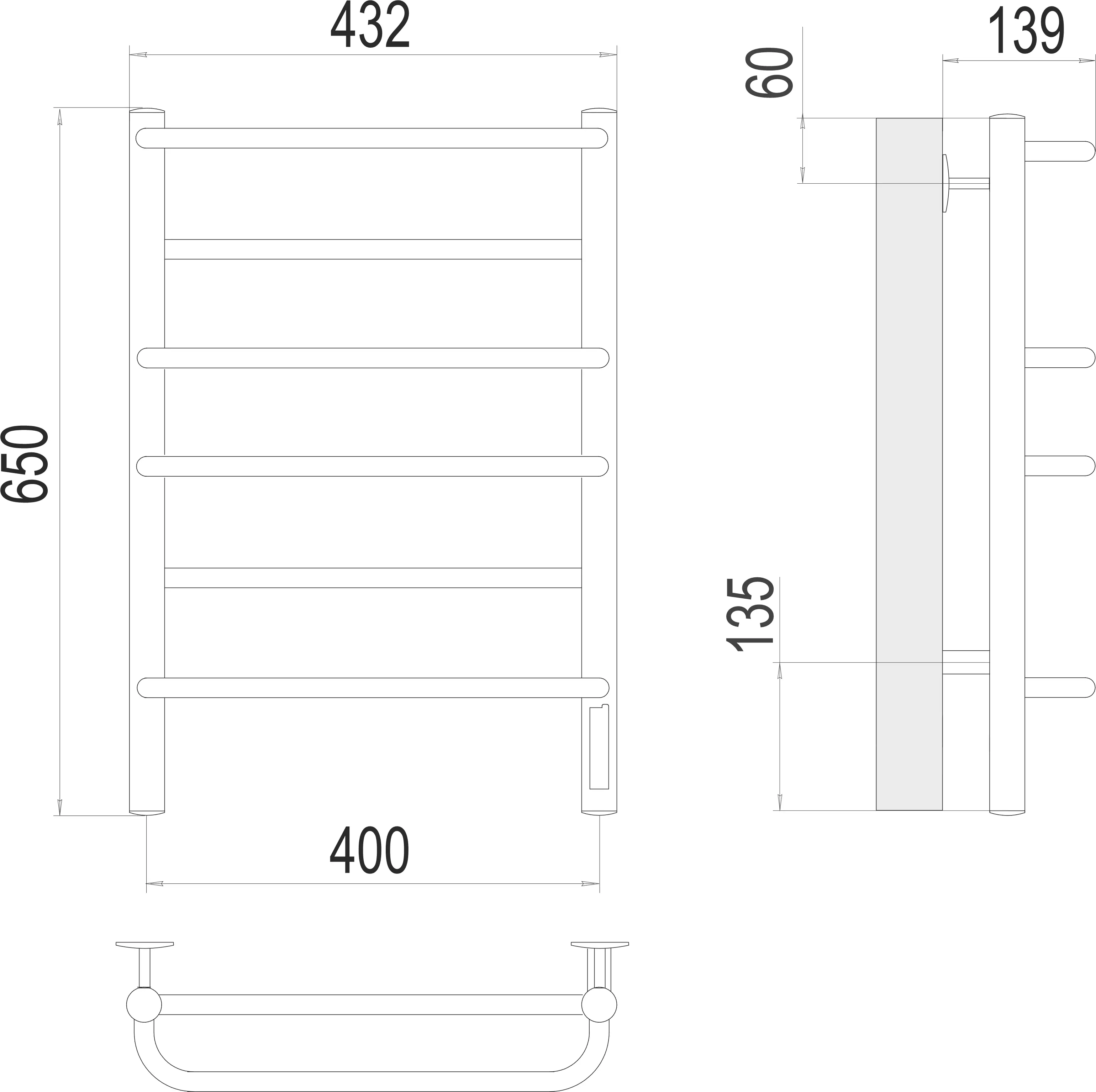 Полотенцесушитель электрический Лесенка 400х650 мм 95 Вт хром 6П TERMINUS Евромикс 4670078531261 диммер справа