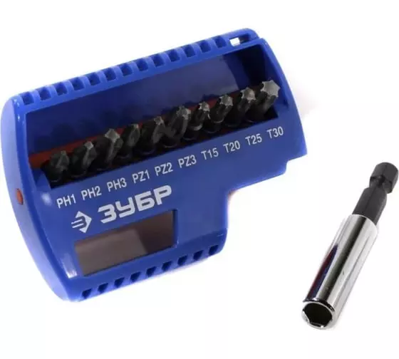 Набор бит для шуруповерта 25 мм с магнитным адаптером ЗУБР Эксперт 26051-H11 11 предметов