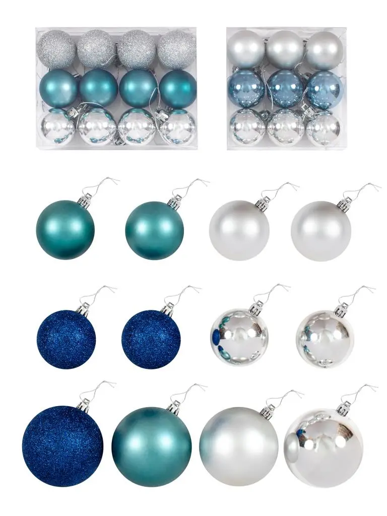 Новогодние шары ассорти: синее, серебр из полистир (33 шт), 15.6х15.6х19.5см, 81052