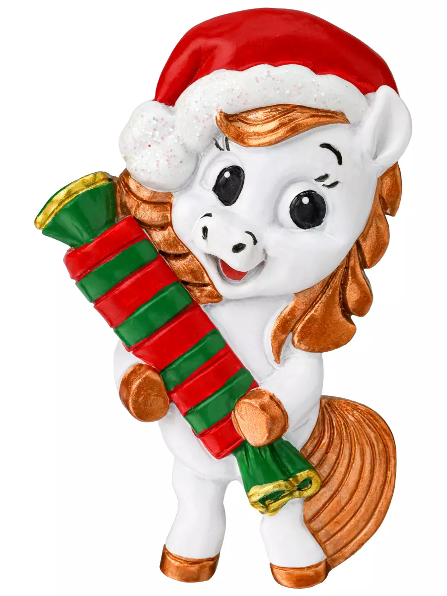 Новогодний магнит из полирезины Лошадка с конфетой 7 см НУ-2544