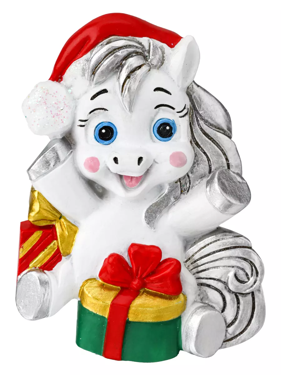 Новогодний магнит из полирезины Лошадка с подарочком 7 см НУ-2546