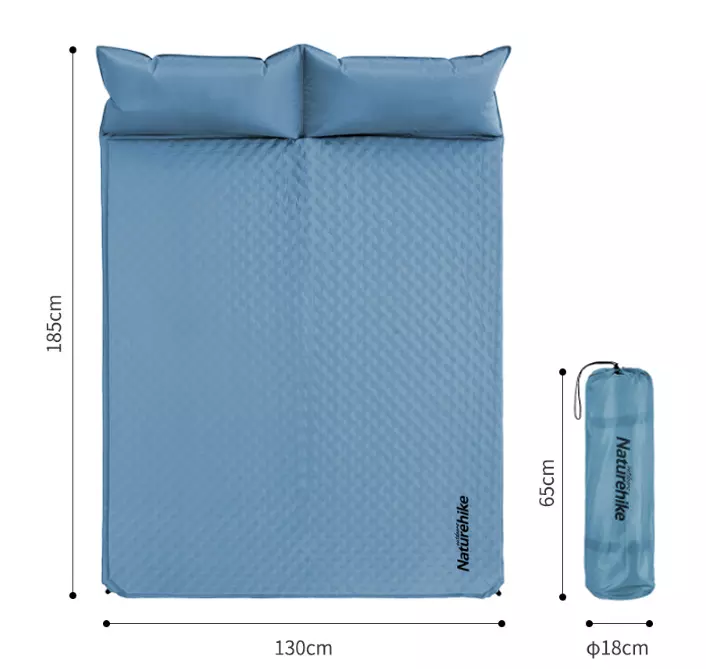 Коврик самонадувающийся Naturehike двойной, с подушками, 185х130х2,5 см, голубой NH18Q010-D-BL