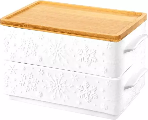 Набор 2 блюда для холодца 800 мл, 20,5х12,5х11,5 см, &quot;Снежинки&quot; , фарфор+ бамбуковая крышка, 540566