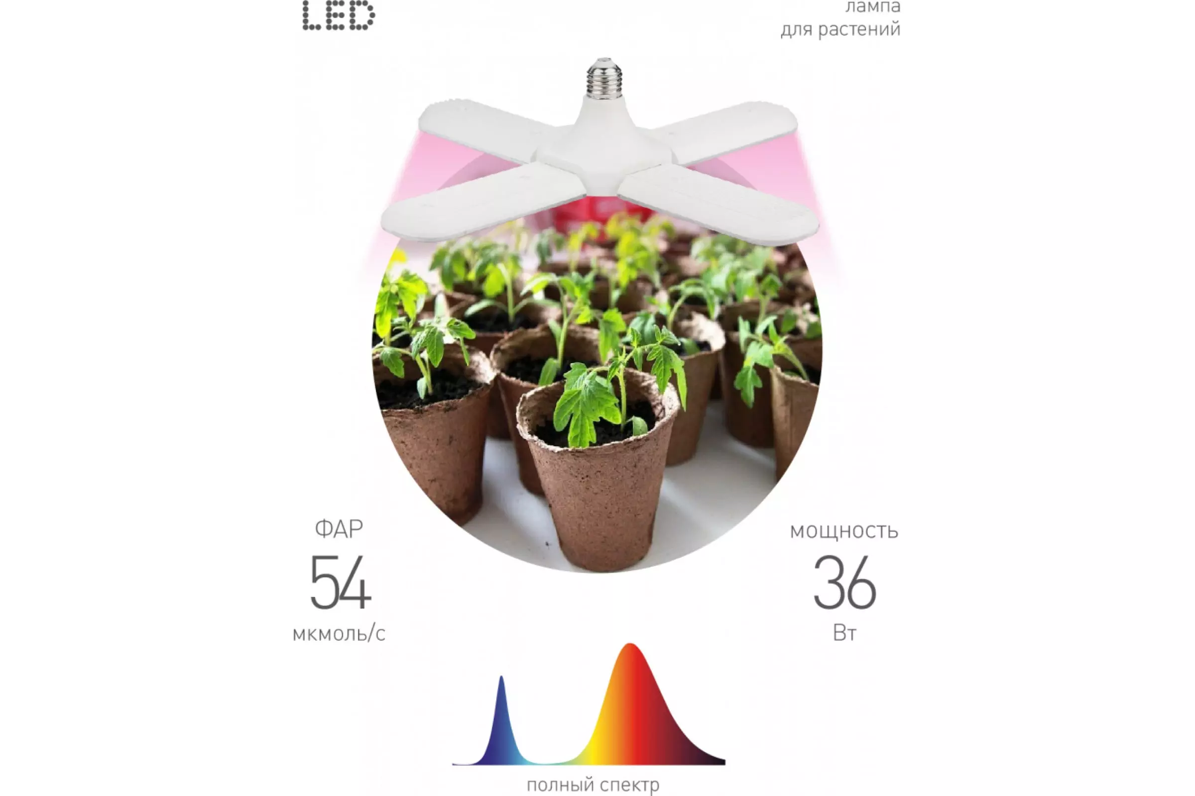 Лампа светодиодная для растений ЭРА FITO-36W-RB-E27-FOLD красно-синего спектра 36 Вт Е27 Б00532