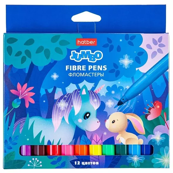 Фломастеры 12 цветов. "ДЖАМБО" Hatber, утолщён.корпус, в карт.короб