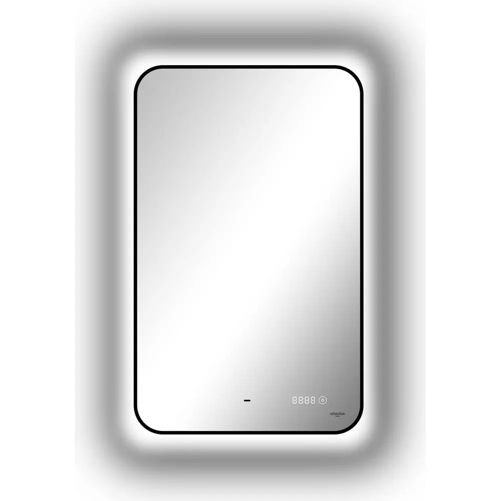 Зеркало в ванную 60х100 см, фоновая подсветка, сенсор, диммер, часы Reflexion Black View RF4003BV с черной окантовкой