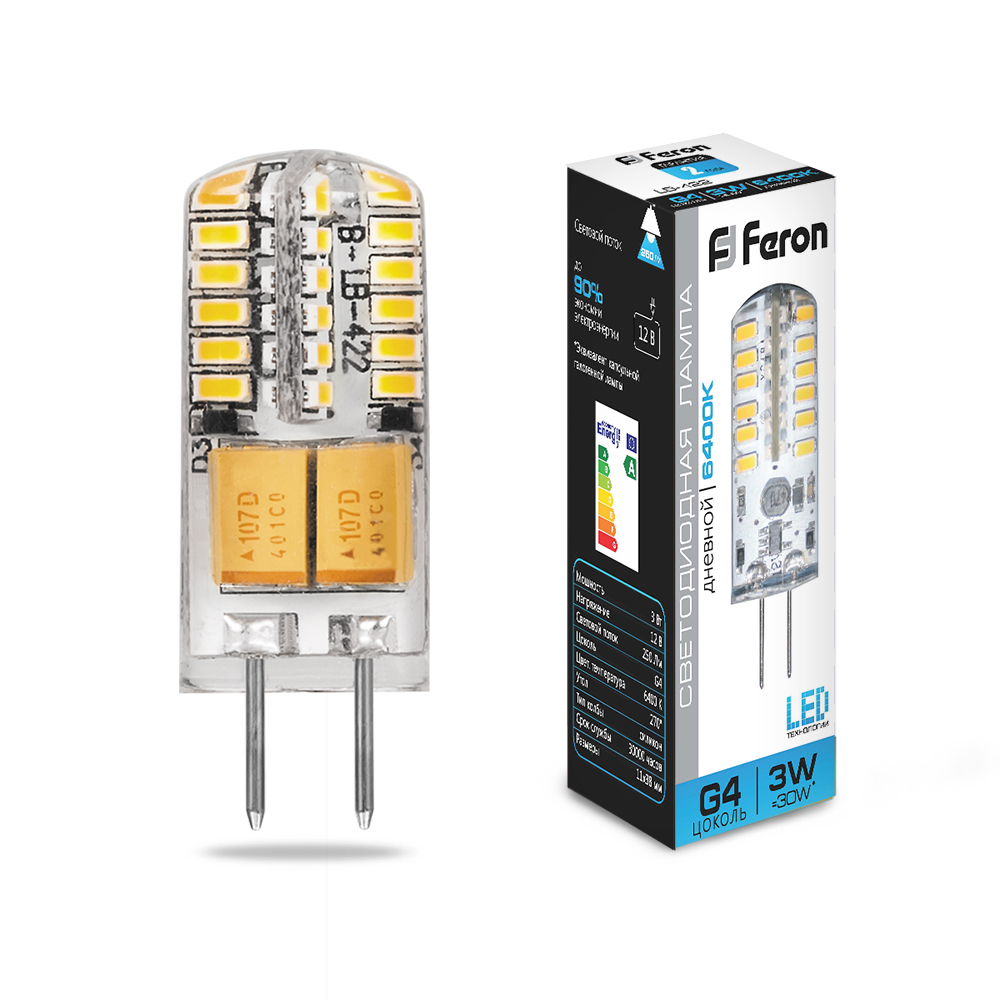 Лампа светодиодная Feron G4 12В 3Вт 6400К холодный