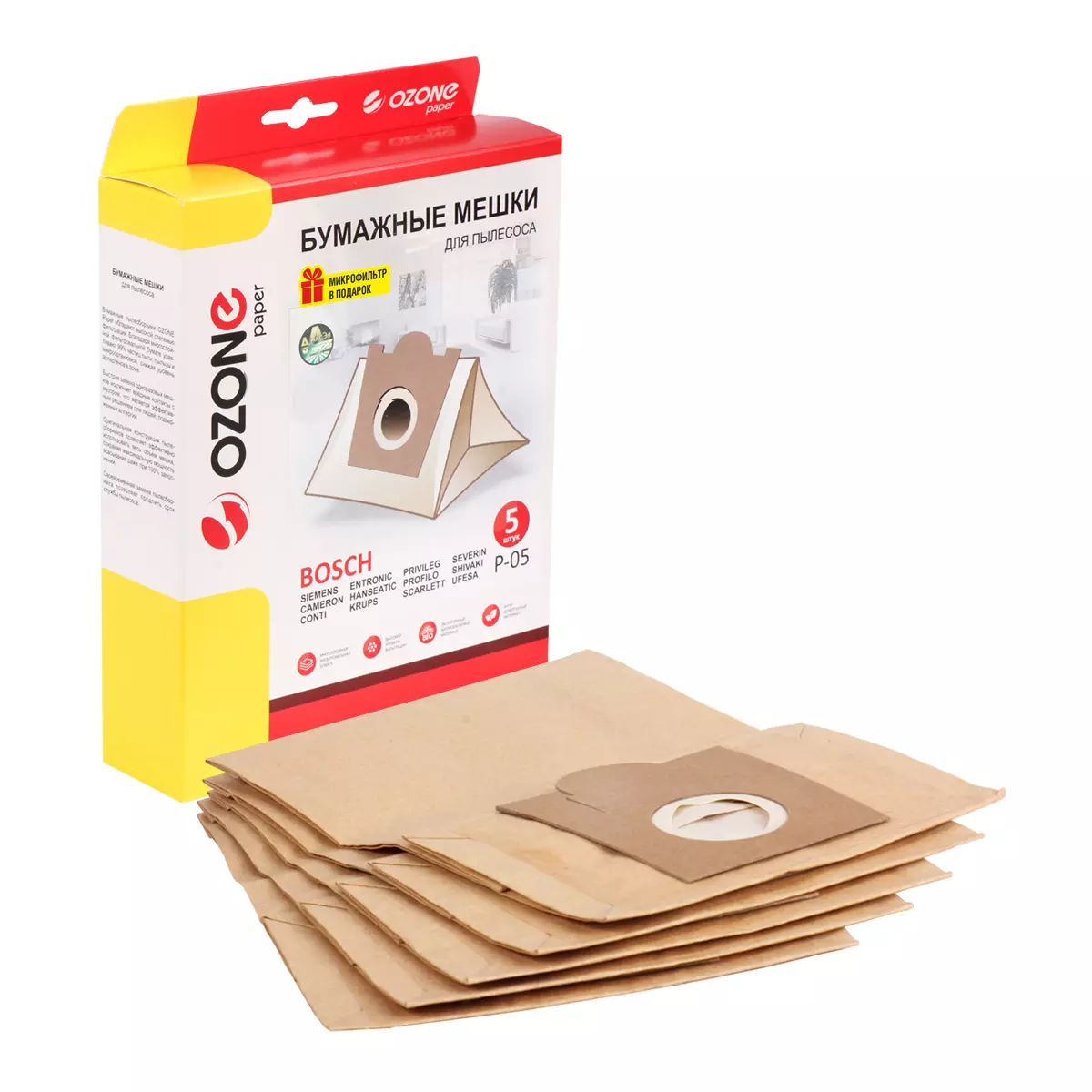 Мешки-пылесборники Ozone P-05 бумажные для пылесоса 5шт+микрофильтр