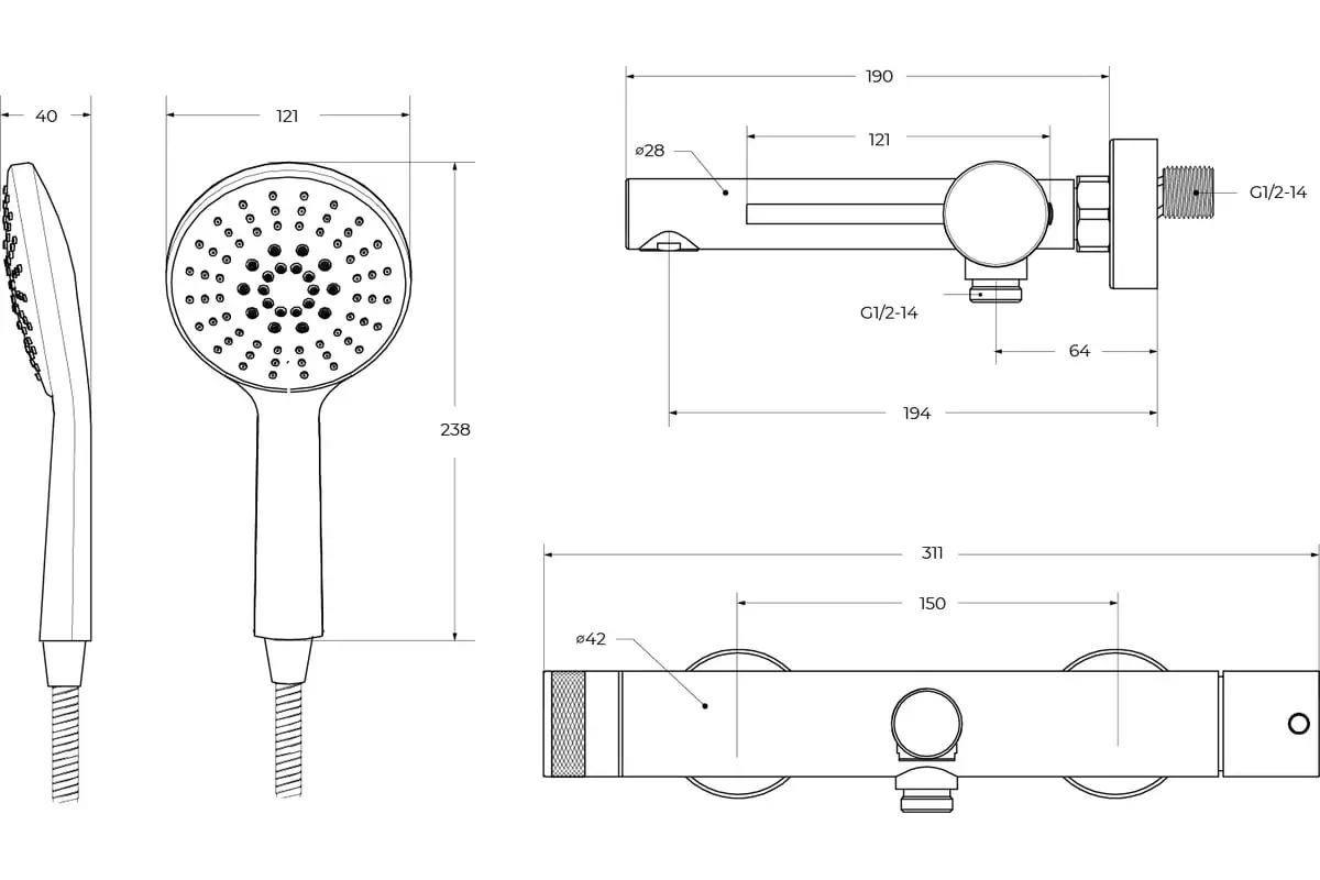 Смеситель для ванны и душа, черный матовый CEZARES RELAX-VD-NOP в комплекте с ручным душем, шлангом