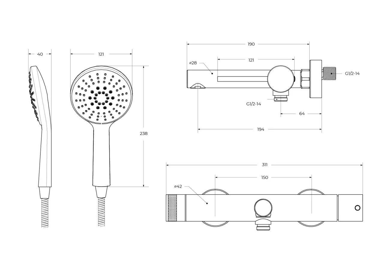 Смеситель для ванны и душа, брашированное золото CEZARES RELAX-VD-BORO с ручным душем, шлангом и держателем