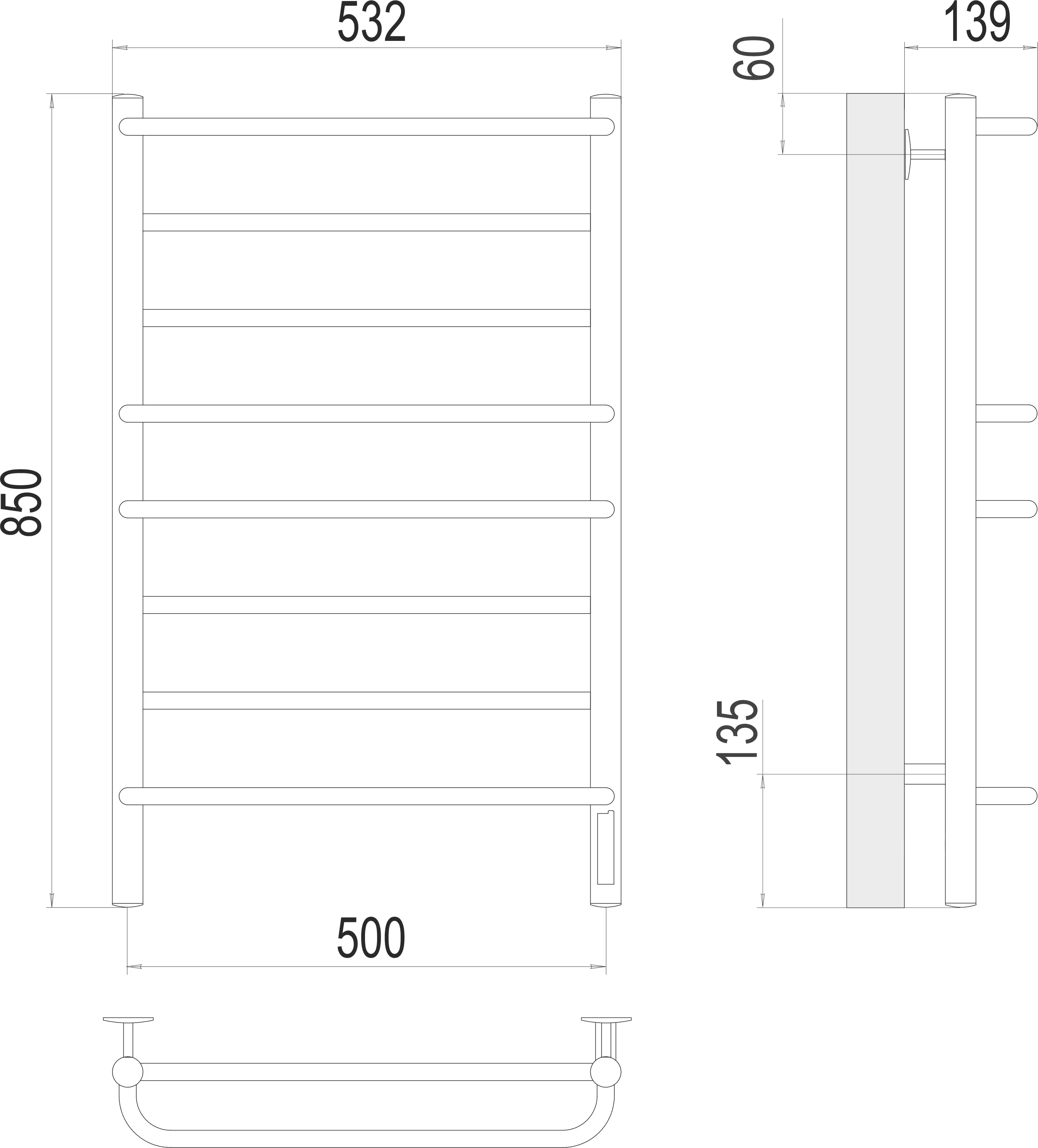 Полотенцесушитель электрический Лесенка 500х850 мм 125 Вт хром 8П TERMINUS Евромикс 4670078531292 диммер справа
