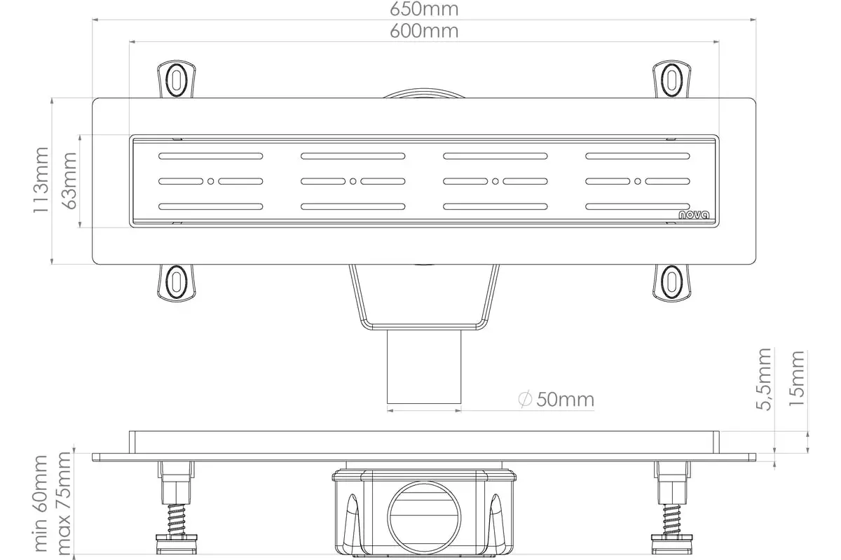 Душевой трап горизонт. 600х63 мм.360⁰, выход d50 мм.с комб.затвор. решетка из нерж. стали, Nova 5660