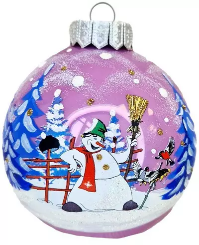 Елочный шар стекло Снеговик и птички 10 см Коломеев КУ-100-244008