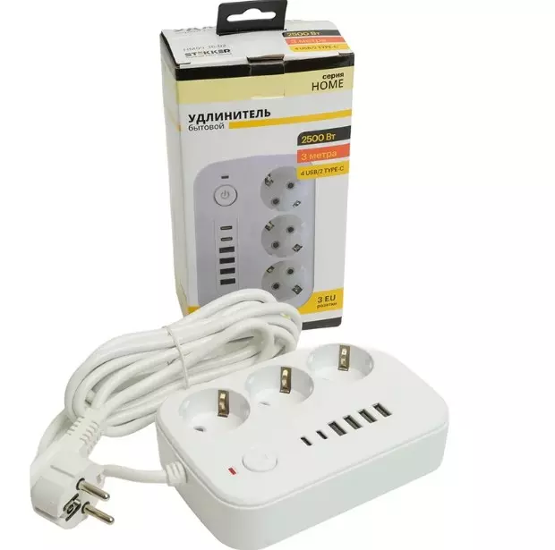 Удлинитель бытовой STEKKER 3 розетки с заземлением +4 USB +2 Type-C ПВС 3x1мм 3м 2500Вт с выключателем