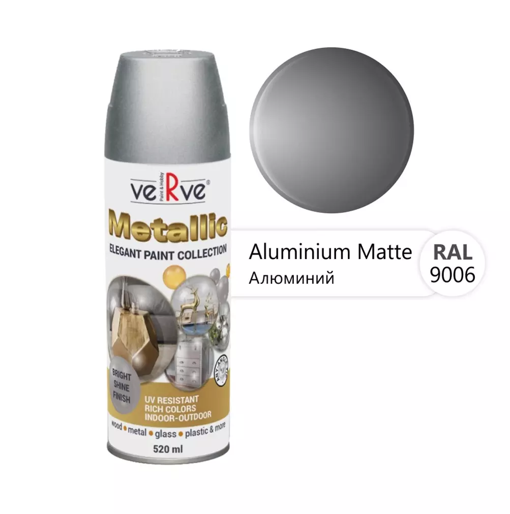 Аэрозольная краска VERVE METALLIC алюминиевая п/матовая RAL9007, 520мл