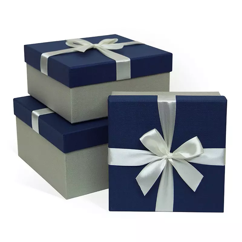 Коробка подарочная с бантом тиснение РОГОЖКА 210x210x110 синий-серый