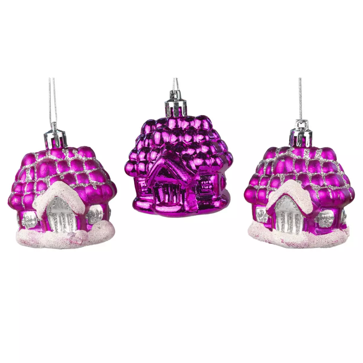 Елочные игрушки Домики (3 шт), h=6 см, розовый, DN-32061