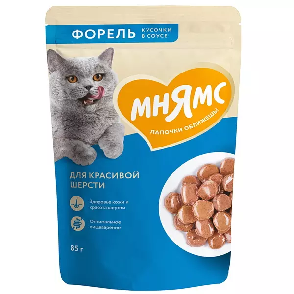 Влажный корм для кошек Мнямс форель в соусе для красивой шерсти 85 г