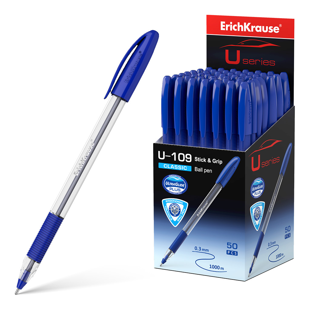 Ручка шариковая синяя ErichKrause 47574 U-109 Classic Stick&Grip 1.0 Ultra Glide Technology