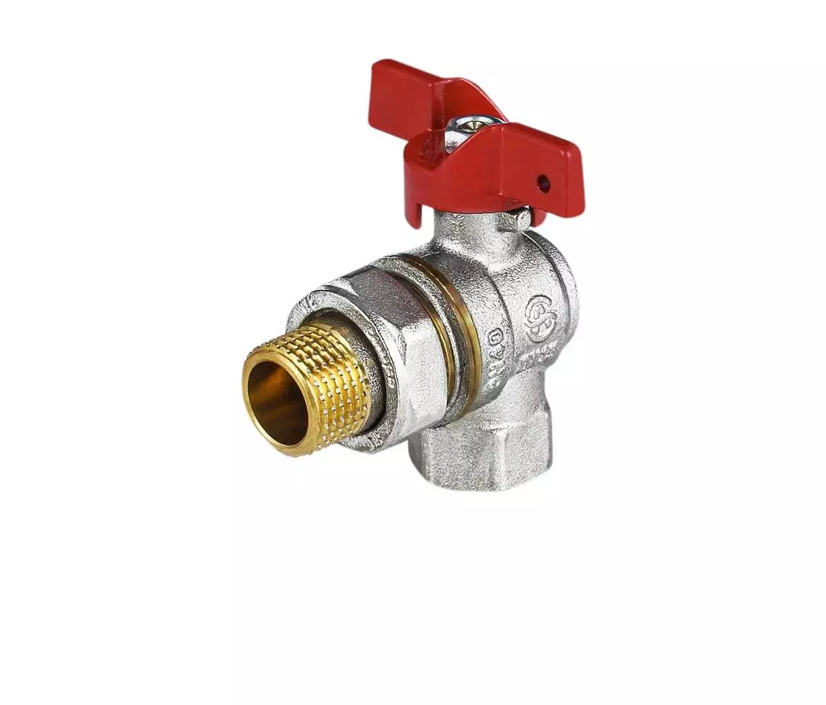 Кран шаровой угловой полнопроходной 3/4&quot; ВР/американка, никель, бабочка красная, Aquasfera 1011-02
