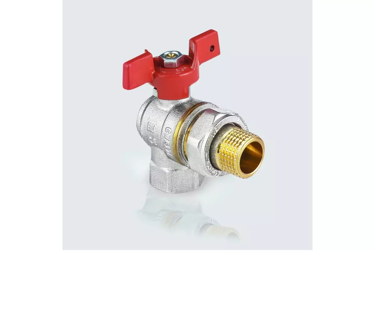 Кран шаровой угловой полнопроходной 3/4&quot; ВР/американка, никель, бабочка красная, Aquasfera 1011-02