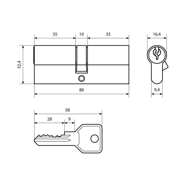 Цилиндровый механизм Стандарт 80 мм (35х10х35) CP хром 5кл англ.ключ/ключ