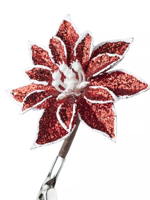 Новогоднее украшение Цветок красный из полиэстера, на клипсе из черного металла / 7x7x10см 88681