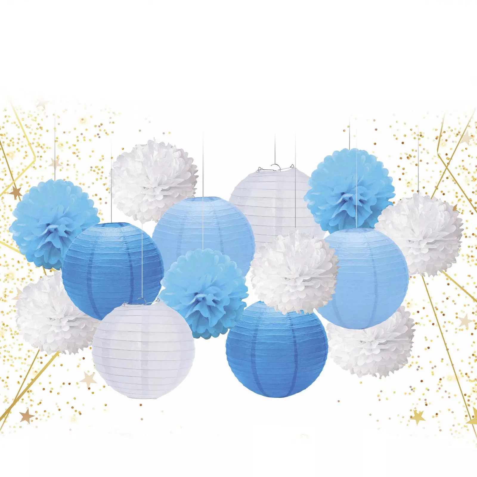 Набор помпонов и фонариков Веселый праздник 14 шт голубой/белый 219-167