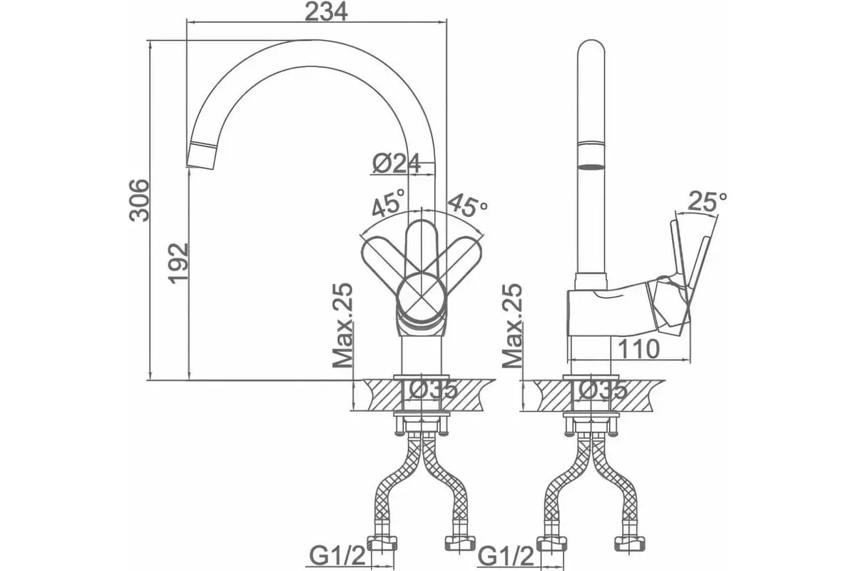 Смеситель для кухни, высокий излив, хром D&K DA1392401, латунь