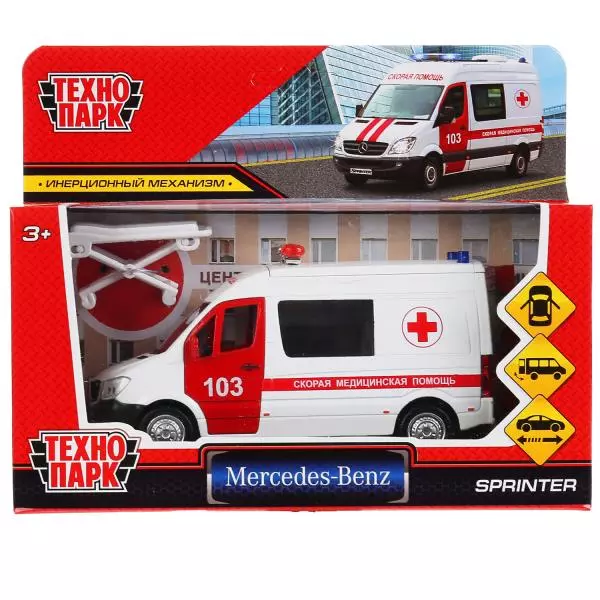 Модель машины металл MERCEDES-BENZ SPRINTER СКОРАЯ длина 14 см, Технопарк 300438