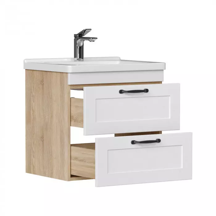 Подвесная тумба с раковиной 60 см EQUIL Lago/Лаго T6 белый/дерево + рак. Миранда 60, tpLAGO60.2Y-04