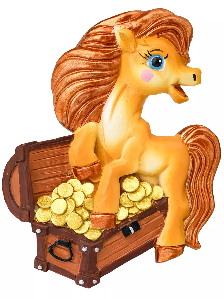 Новогодний магнит из полирезины Пони с сундучком 7 см НУ-2551