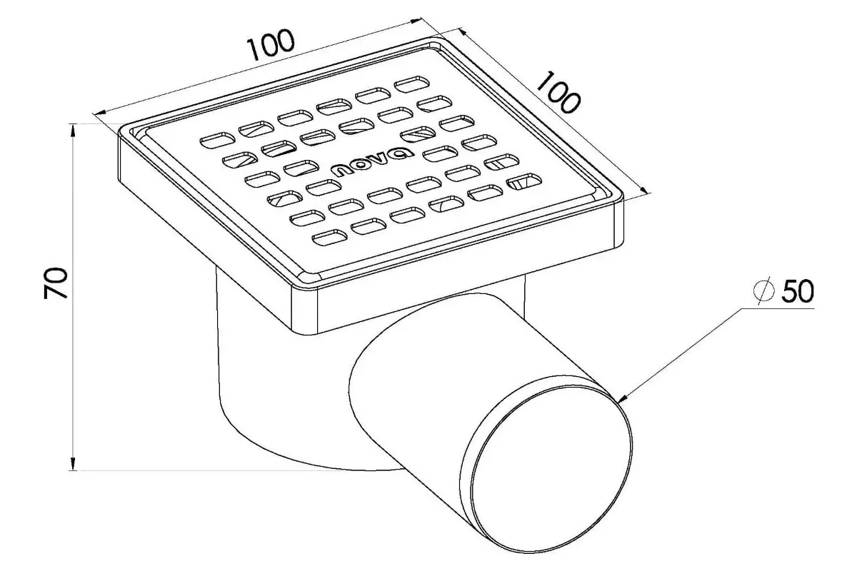 Душевой трап горизонтальный 100х100 мм d50 мм решетка нерж. сталь Nova 5056