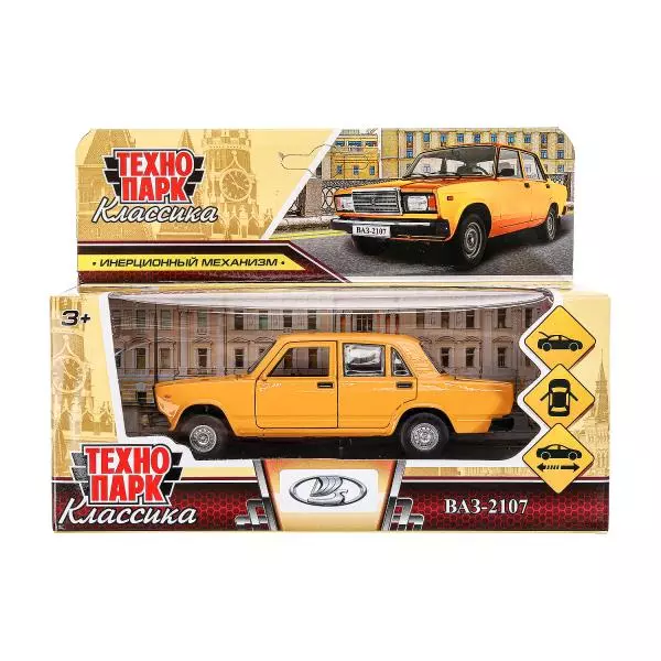 Моделька ВАЗ-2107 желтый, металл, 12 см, двери, багаж, инерц, Технопарк 2107-12-YE