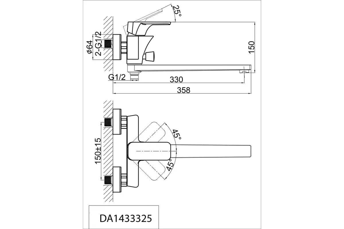 Смеситель для ванны, длинный излив 33 см, черный D&K Berlin Technische DA1433325