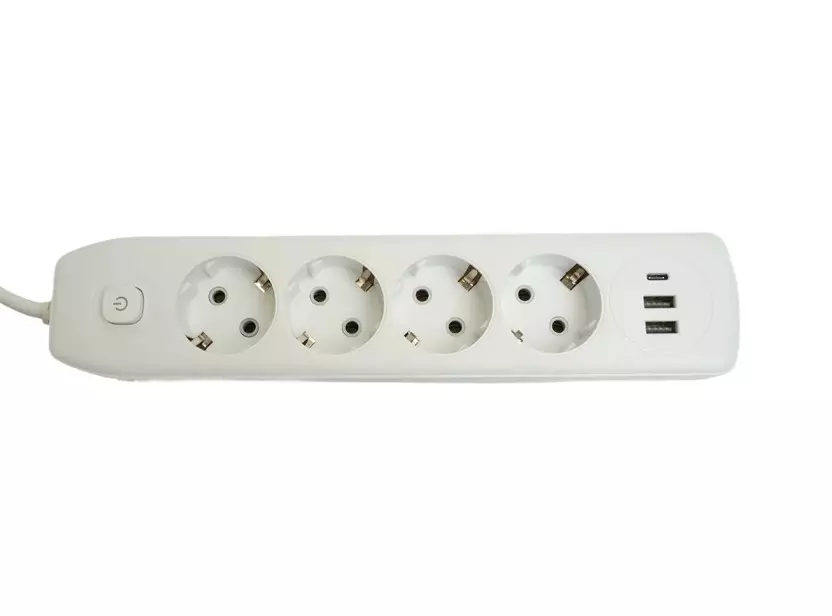 Удлинитель бытовой STEKKER 4 розетки с заземлением +2 USB +Type-C ПВС 3x1мм 1.8м 2500Вт с выключателем