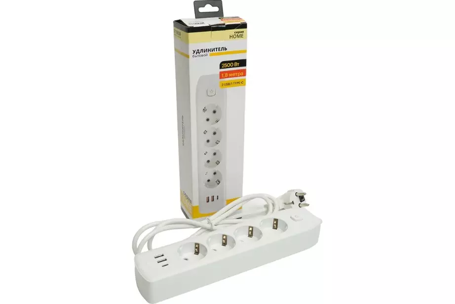 Удлинитель бытовой STEKKER 4 розетки с заземлением +2 USB +Type-C ПВС 3x1мм 1.8м 2500Вт с выключателем