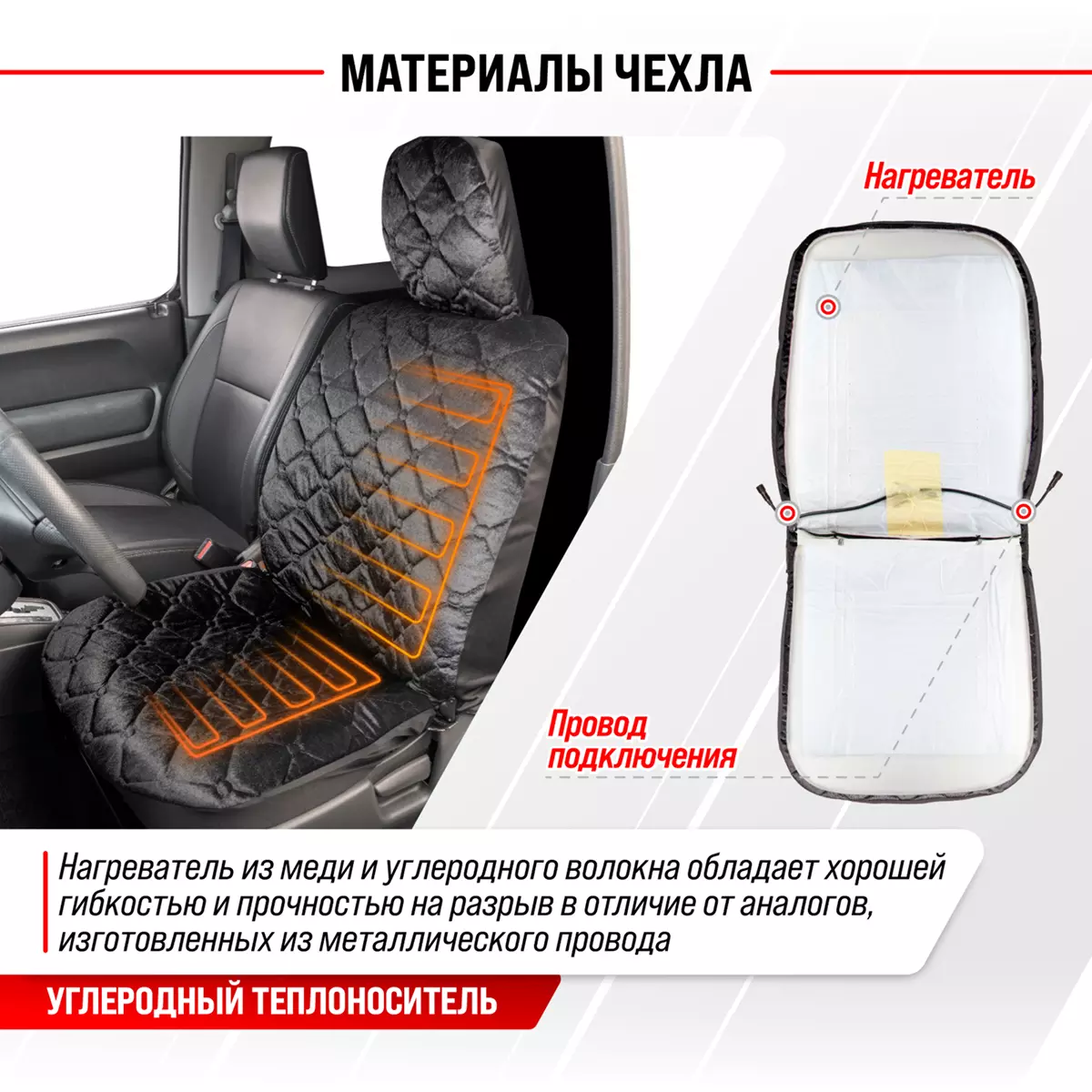 Чехол сиденья с подогревом велюр SKYWAY с терморег (2 реж) Черный Стеганый 12V 116х56см 2,5А-3А (2 шнура: справа, слева), S02202005