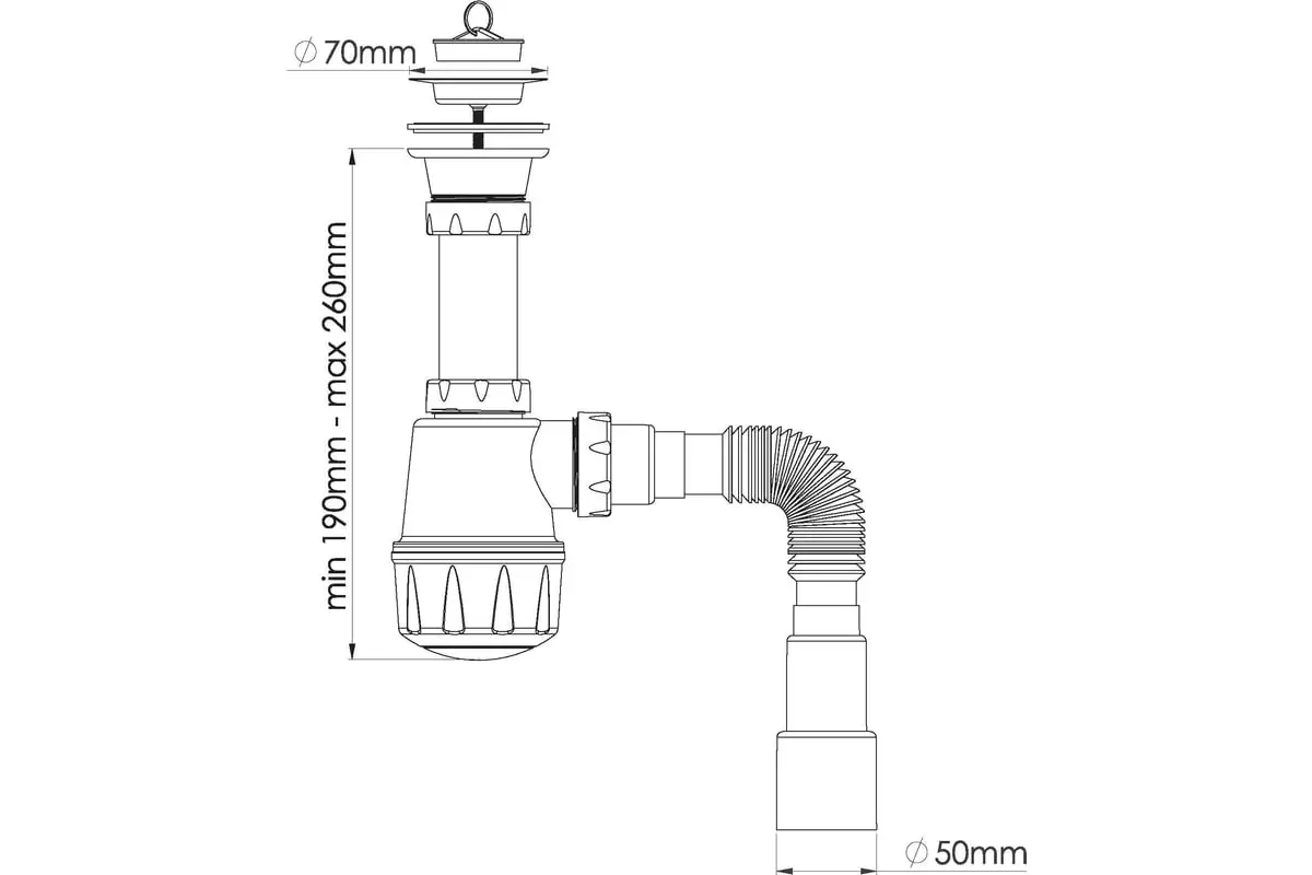 Сифон бутылочный 1 1/2"х40, больш. колба, выпуск 70 мм.разборн. с гибкой трубой 40/50, Nova 1060