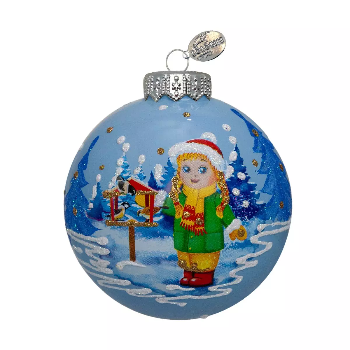 Елочный шар стекло Девочка с синичками 8 см Коломеев КУ-80-244002/1