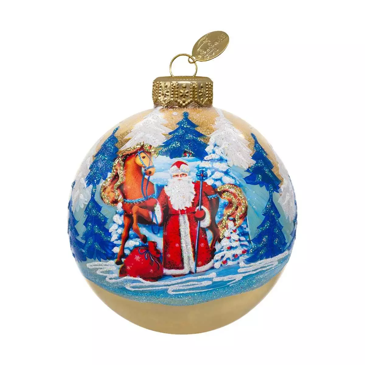Елочный шар стекло Дед Мороз и лошадка 10 см Коломеев КУ-100-254024